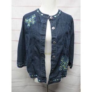 Alfred Dunner Size 10 Petite Denim Jacket Beaded with Butterflies